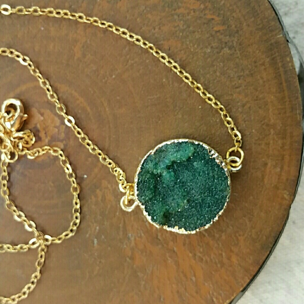 NEW Real Druzy Green Necklace 18k Gold 14K Chain